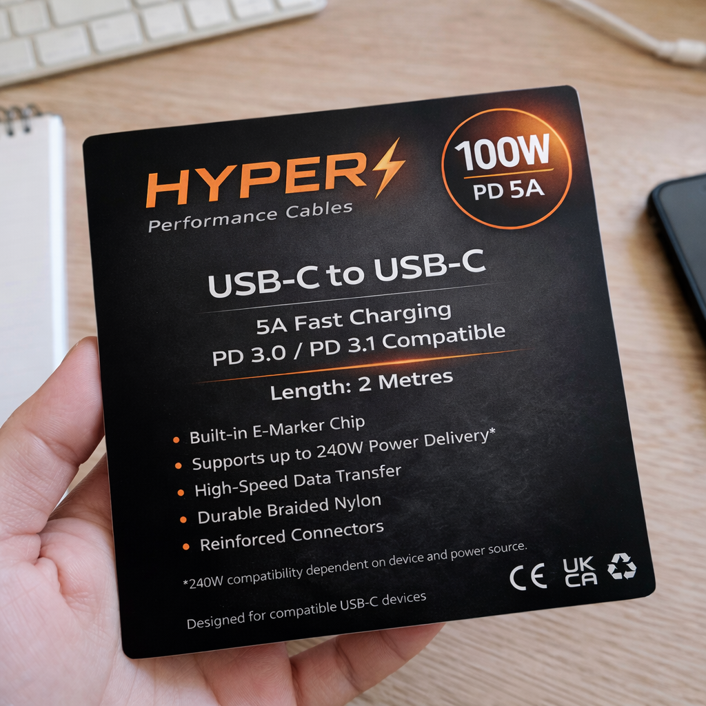 HyperVolt 100W USB-C to USB-C Fast Charging Cable (1M / 2M)